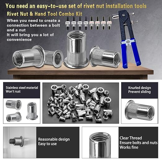 ASKWAY Rivet Nut Stainless Steel SAE & Metric 560 PCS SAE Rivet Nut Tool | 560pcs 304 Stainless Steel Rivet Nut tool, SAE Rivet Nuts 1/4-20, 10-24, 8-32, 6-32), Metric Rivet Nuts (M6, M5, M4, M3)