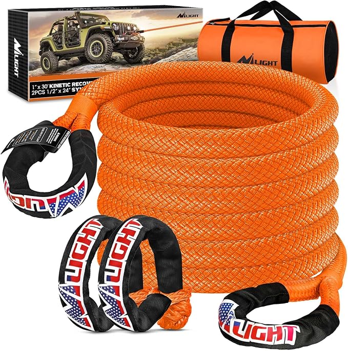 Nilight Kinetic Recovery Tow Rope Kit with 2 Soft Shackle 1" x 30ft Heavy Duty Offroad Tow Rope Snatch Strap Towing Strap kit (33,000LBS) for UTV ATV SUV Truck Car Jeep Tractor