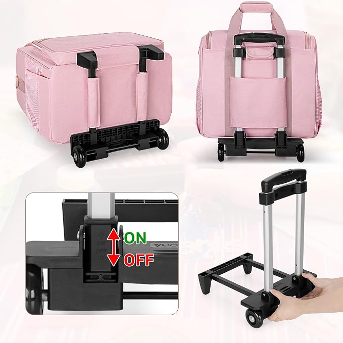 LUXJA Rolling Craft Bag with Pockets for 12 x 12 inch Scrapbook Album and Laptop, Rolling Scrapbook Tote with Detachable Dolly (Patent Pending), Pink