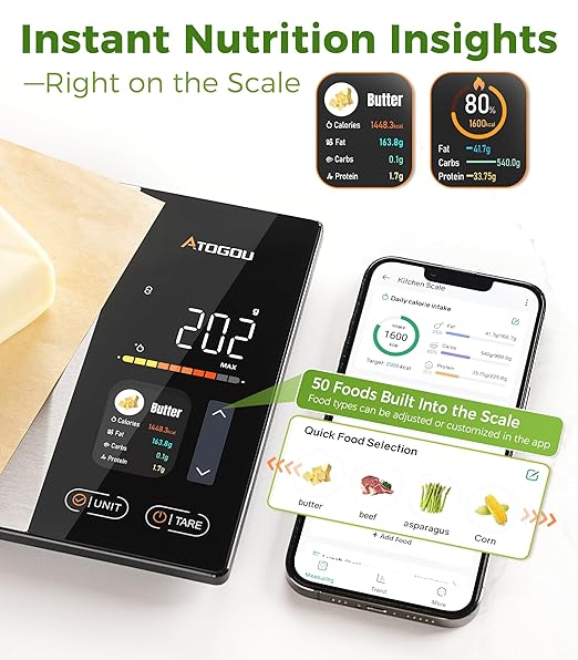Atogou Smart Food Kitchen Scale with Nutrition Calculator, Color Display & Free App, Precise Portion Control, Calorie & Macro Tracking for Weight Loss & Meal Prep Black