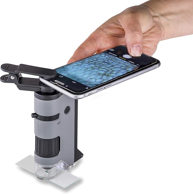 Carson MicroFlip 100x-250x LED and UV Lighted Pocket Microscope with Flip Down Slide Base and Adapter with CarsonCam Phone App - Bundle Included with 24 Prepared Insect and Animal Slides (MP-250BUN)