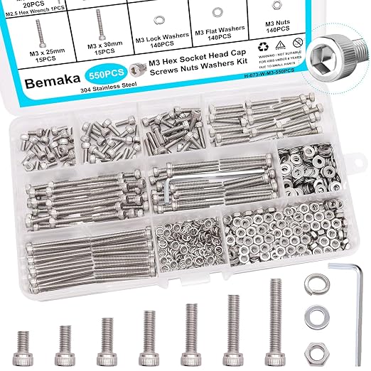 550PCS M3 Screw Kit, M3 x 6/8/12/16/20/25/30mm Hex Socket Head Cap Screws Bolts Nuts Washers Assortment Kit, 304 Stainless Steel Metric Bolts with Hex Wrench