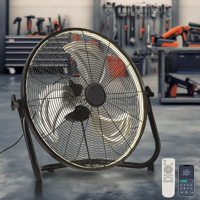 AHAWILL 16" High Velocity Metal Floor Fan with Light,6-Speed Plug-in Fan with Remote & APP,Industrial Fan with Rear Buttons,360° Tilt & 3CCT,Wall Mountable,Anti-Vibration for Garage,Warehouse,Shop,Gym