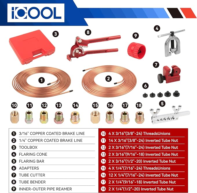ICOOL 25 ft 3/16" and 1/4" Copper-Plated Brake Line Flaring Tool Kit with 20 Fittings and 4 Unions Brake Line Fittings, Brake Line Kit with Tube Bender and Reamer