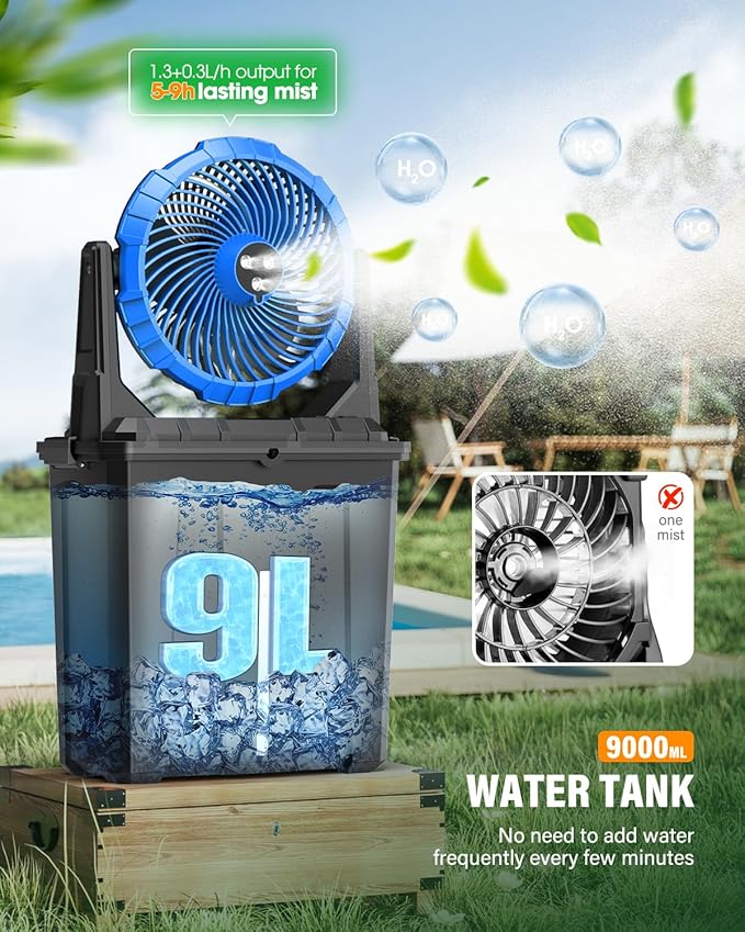 Ausic 10″ 9L Portable Misting Fan, [Max 55Hrs] Outdoor Mister Fan for Outside Patios Golf, 20000mAh Rechargeable Battery Operated Travel Water Cooling Fan, Camping Patio Accessories - 3 Spray Misters