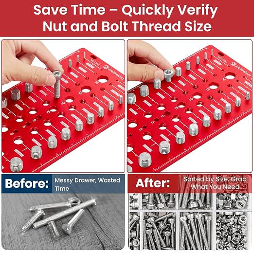 Thread Checker, 76 Nut and Bolt Thread Checker, 28 Standard & 28 Metric & 20 Drill Bit Gauge, Bolt Size Finder, Wall-Mountable Bolt Thread Identifier Gauge with Inch & CM Ruler