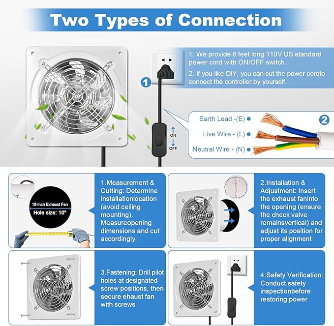 6-inch wall-mounted kitchen metal exhaust fan with switch, 382-576CFM, portable installation, with return air valve, suitable for attic, garage, bathroom, office, basement ventilation, White