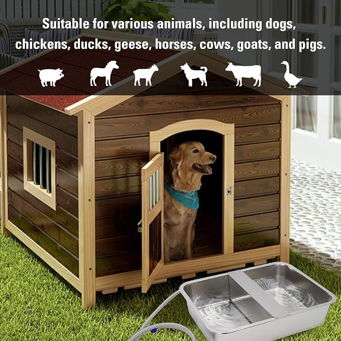 4 Gal Automatic Dog Water Bowl, Stainless Steel Auto Fill Livestock Waterer | Includes Hose & Float Valve. Fits 3/4" GHT. Rust-Proof. 2 Drinking Zones for Dog &Chicken Indoor & Outdoor Use