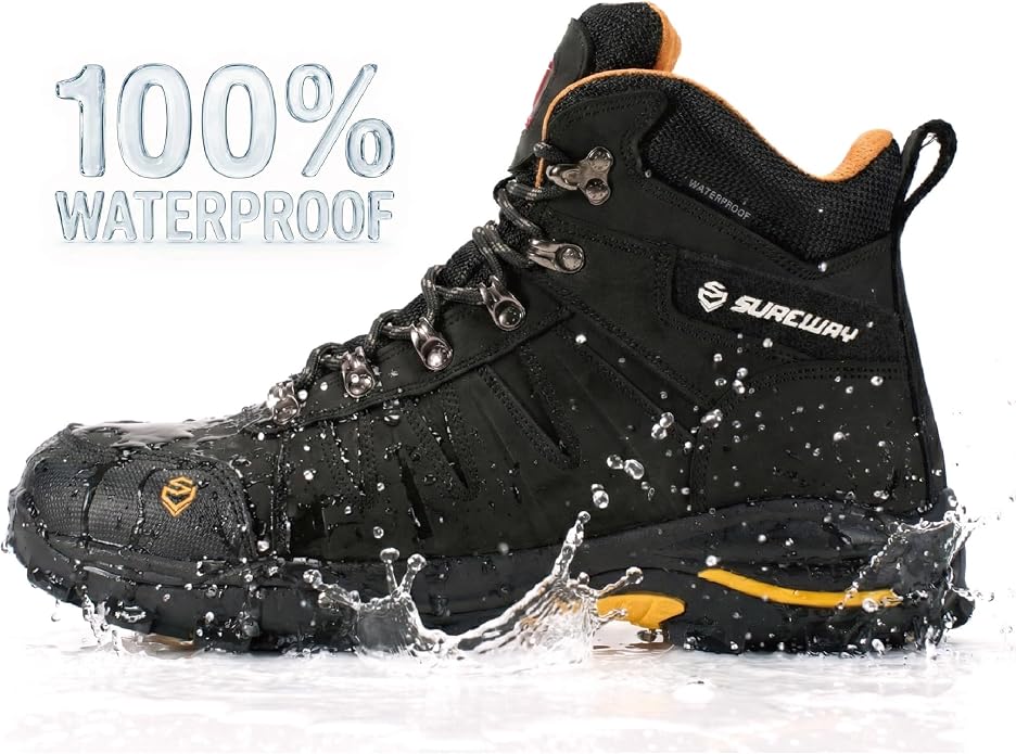 SUREWAY Men's 6" Waterproof Work Boots - Soft Toe,Leather Lace Up,EH Rated, Slip Resistant Outsole for Construction, Roofing & Hunting Work Boots