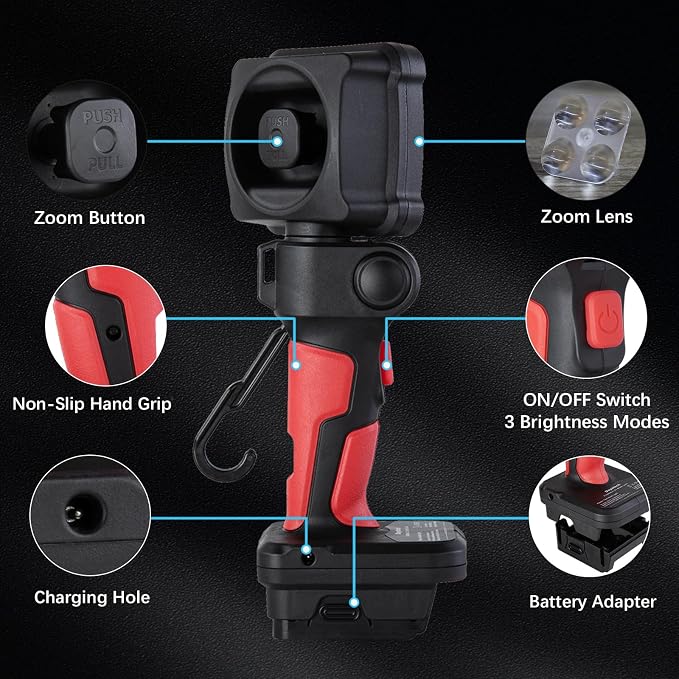 Cordless LED Work Light, Zoom Handheld Spotlight Compatible with Dewalt, Milwaukee and Makita 18-21V Battery, 3000 Lumens, Pivoting Head, (Battery and Charger Not Included)