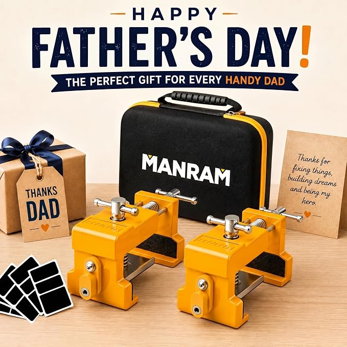MANRAM Cabinet Clamps 2 Pack A Great Gift for Dad, Heavy Duty Cast Steel Face Frame Alignment Tool with Integrated Drill Guide, EVA Protective Pads and Carrying Case for Cabinet Installation