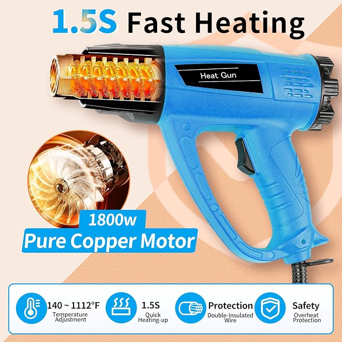 Heat Gun 1800W 140℉~1112℉ (60℃-600℃) Fast Heating Heavy Duty Hot Air Gun Kit with Variable & Dual Temperature Settings, Overheat Protection, 5 Nozzles for Crafts, Shrinking PVC, Stripping Paint