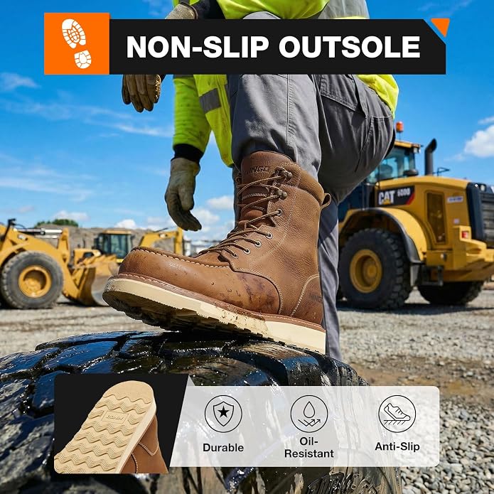 NINGO Steel Toe Work Boots for Men, 8 Inches Waterproof Moc Toe Construction Boots, Goodyear Welt Non Slip Wedge Outsole, Full-Grain Leather EH Rated Mens Safety Work Shoes, for Industrial, Welding