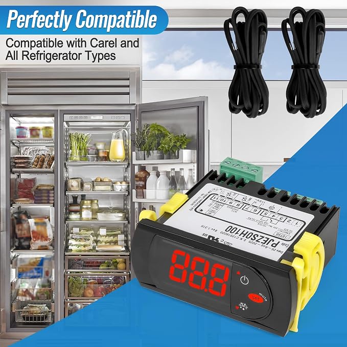 Replacement for Carel PJEZS0H100 Temperature Controller, for 115V 50/60hz Refrigerators/Freezer Types, Digital Thermostat with Sensor Probe & Mounting Hardware
