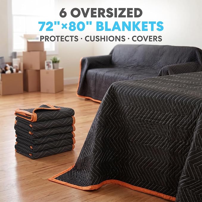 Simpli-Magic 79522 Heavy Duty Padded Moving Blankets, Orange/Black, 72” x 80”, 6 Pack