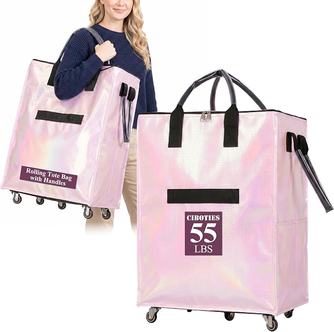 Reusable Grocery Bag on 5 Wheels, Rolling Shopping Bags with Removable Baseboard, Foldable Tote Cart for Groceries, Laundry, Organization, Moving (Pink)