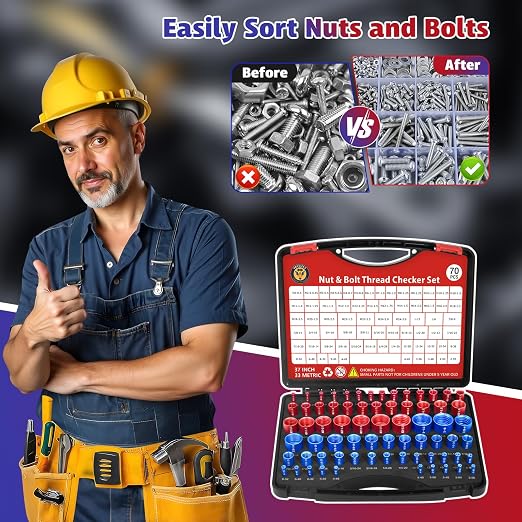 70 Pcs Thread Checker Nut and Bolt Thread Checker Set with 37 Inch and 33 Metric Box Set Thread Gauge SAE and Metric Sizes Perfect for Tight Spaces Ideal for Bolt and Nut Size Checking