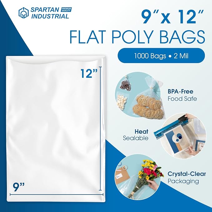 9" X 12" Open-End Flat Poly Bags (1000 Count) - 2 Mil Clear Plastic Bags for Packaging and Storage - No Adhesive Strip - Spartan Industrial