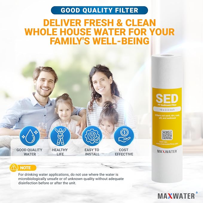 Max Water 10 inch x 2.5 inch, 1 Micron Replacement Sediment Water Filter Cartridge for Whole House, Melt Blown Filtration Fiber for Heavy Duty (Pack of 4)