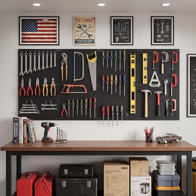 2 Pcs 24”×16”Metal Pegboard Panels, Heavy Duty Peg Boards with Hooks, Steel Organization Panels for Garden Tool Storage, Walls Home, Office, Black