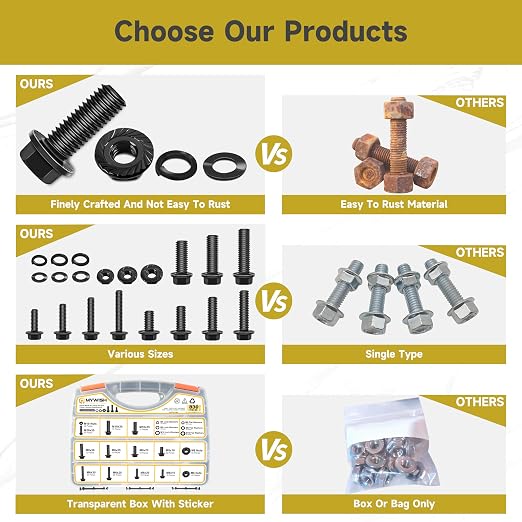 Mywish 830Pcs M6 M8 M10 Flange Metric Bolt Assortment Kit, Grade 10.9 Alloy Steel Black Oxide Nuts and Bolts, Flat/Spring Washers