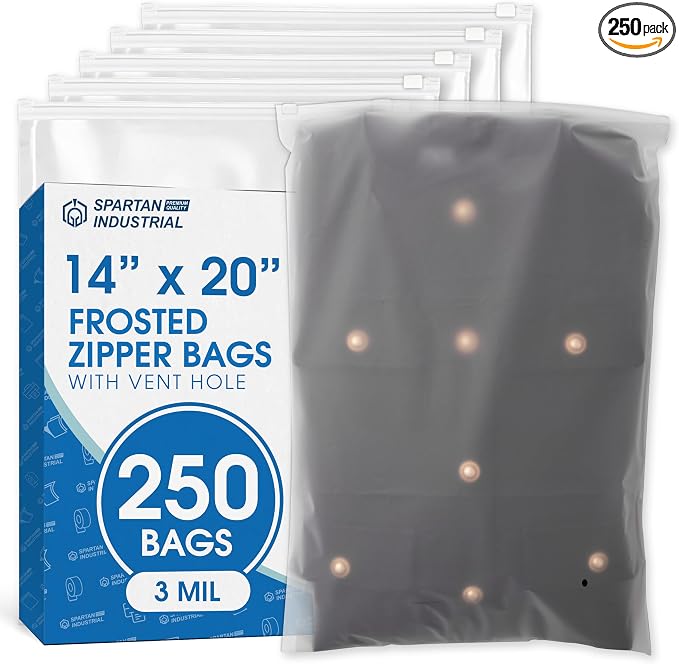 Spartan Industrial - 14” X 20” (250 Count) 3 Mil Frosted Reclosable Zip Plastic Bags with Resealable Lock Seal Zipper and Vent Hole | For Packaging Clothes, Shirts & More