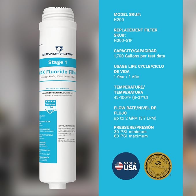 Survivor Filter Max, 2-stage, In-line, Under Sink Water Filteration System | Fluoride, Chlorine & Heavy Metals Reduction, Easy Installation, Water Filter for Sink Faucet, Improves Taste, Made in USA