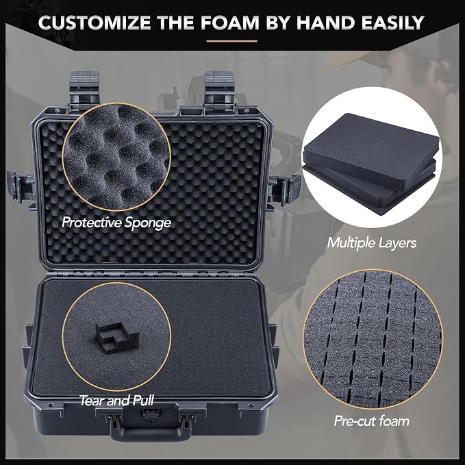 Lykus HC-4011 Waterproof Hard Case with Customizable Foam Insert, Interior Size 15.55x11.61x5.12 in, Suitable for electronics and more