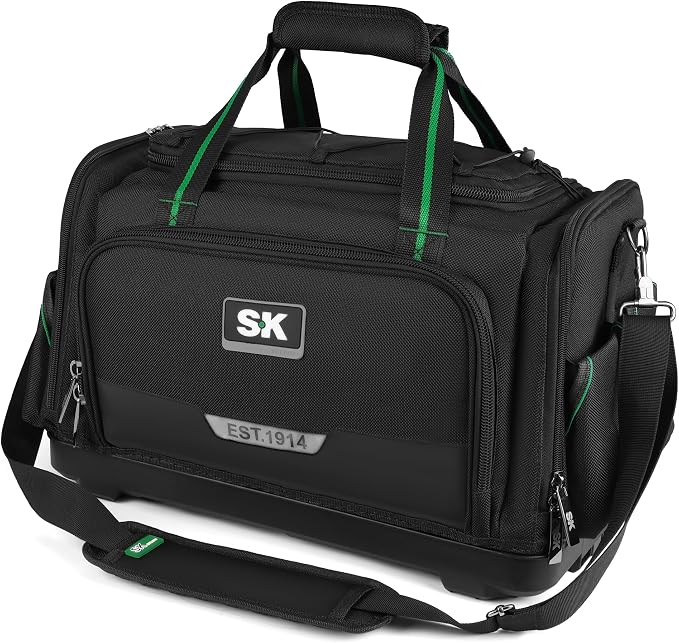 SK 21-Inch Heavy Duty Tool Bag, 1680D Fabric with Waterproof Hard Base, Dual Zipper, Padded Shoulder Strap & Touch Fastener Handle, Tool Storage with 50 Pockets, 40 Webbing Loops