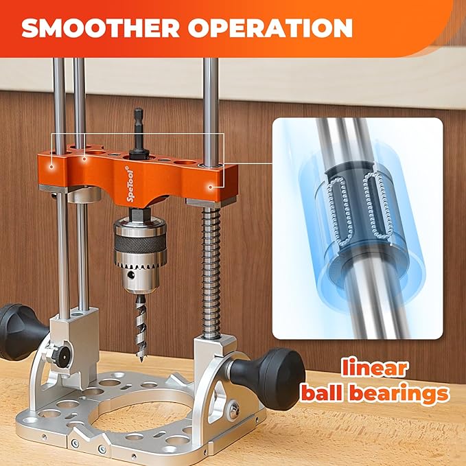 SpeTool S04001 Portable Drill Guide with Liner Ball Bearings Guide Poles, 1/2” Chuck Portable Drill Press Adapter for Hand Drill Adjustable from 0-60°, Multi Angle Drill Guide for Straight Holes