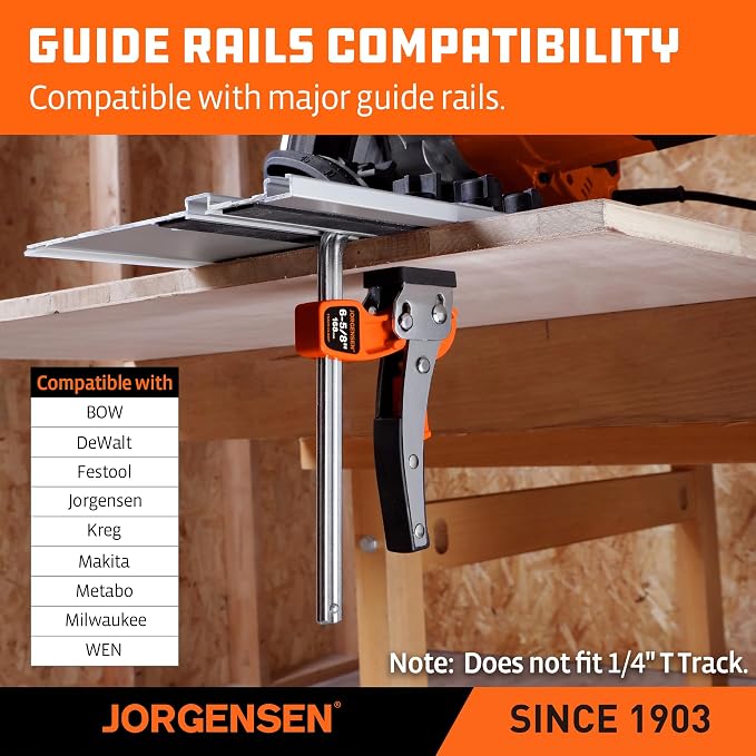 Jorgensen 6-5/8" Ratcheting Table Clamp, Quick Release Track Saw Clamp, Guide Rail Clamps for MFT Table and Guide Rail System, 2-7/8" Throat Depth, 400lbs Load Limit
