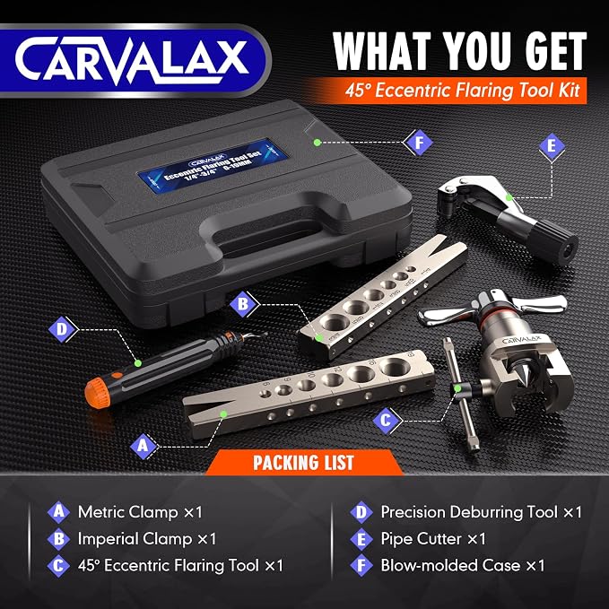 CARVALAX 45° Precision Eccentric Flaring Kit，Metric/Imperial Clamps (2 Clamps) for 6-19mm & 1/4"-3/4" Pipes, Includes Cutter, Deburring Tool & Hard Case for HVAC & Refrigeration Repair