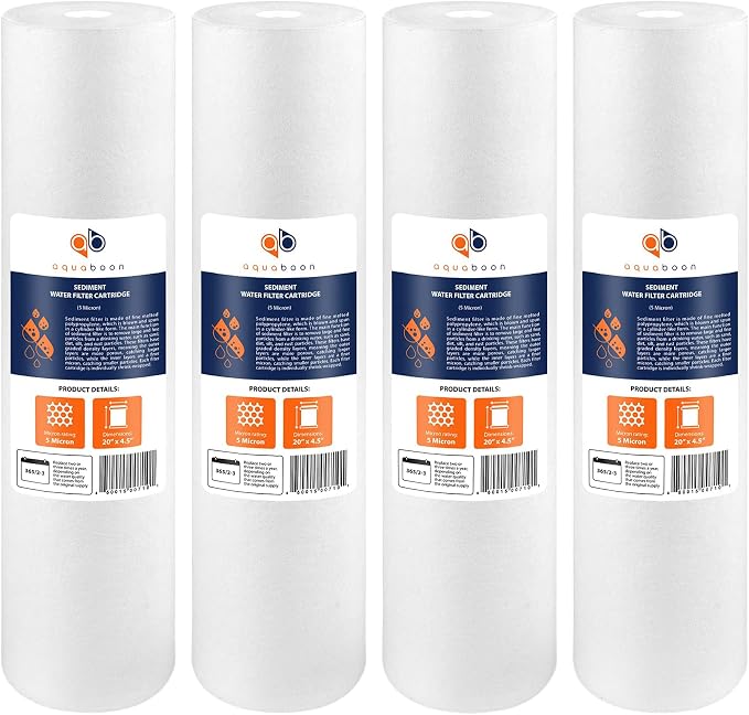 Aquaboon 5 Micron 20 x 4.5 Whole House Sediment Filter Cartridge 20 inch Water Filter Replacement Compatible with DGD-5005-20, FP25B, AP810-2, 4-Pack
