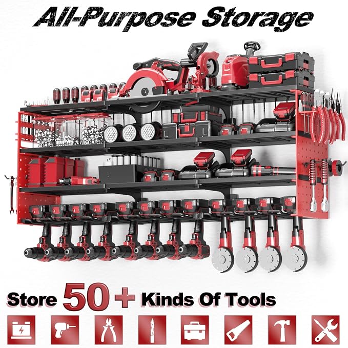 Power Tool Organizer Wall Mount, Cordless Drill Hanger Storage Rack 8 Drill Holder, 4 Layer Heavy Metal Large Capacity Tool Rack for Garage Organization (Red, 12 Drills Holder)
