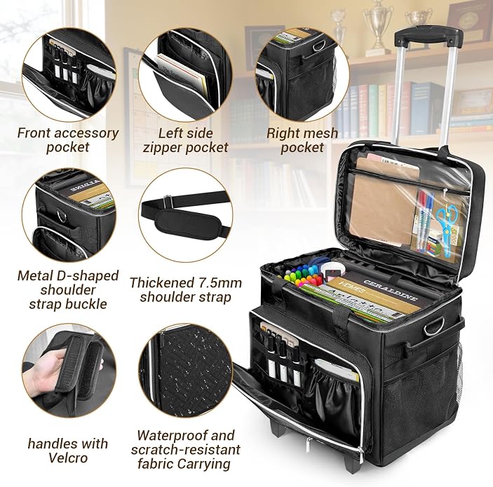 LIWSHWZ Rolling Teacher Tote Bag,Wheeled Teacher Bag with Detachable Dolly & File Teacher Tote
