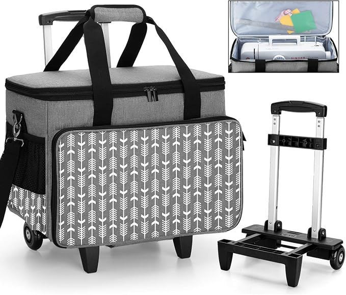 Yarwo Upgraded Rolling Sewing Machine Carrying Case, Detachable Trolley Tote Bag with Removable Bottom Board and Thickened Trailer Leg for Most Standard Sewing Machine and Accessories, Gray with Arrow