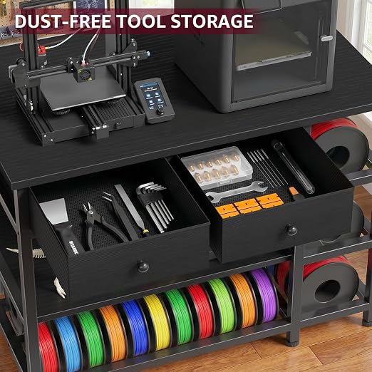 3D Printer Stand with Filament Storage - Heavy Duty 3-Tier 3 D Printer Table Shelf with 2 Fabric Drawers, 3 D Printing Desk for Tools and Supplies（Black）