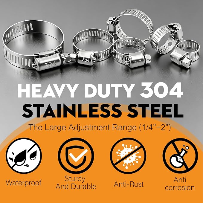 185PCS Stainless Steel Hose Clamp Assortment Kit + 10FT Metal Strap, 1/4"-2"(6-51mm) 304 Worm Gear Heavy Duty Clamps, Radiator Clamps for Automotive Fuel Line Plumbing, with 2 Tools & 8 Fasteners