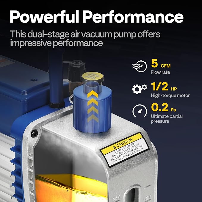 VIVOHOME 1/2 HP 5 CFM 2 Stage A2L HVAC Vacuum Pump, Sparkless Motor for R32 R1234yf R454B R134a R22 R410a Systems, Auto AC Vacuum Pump for Air Conditioner Servicing with 2 Oil Bottles