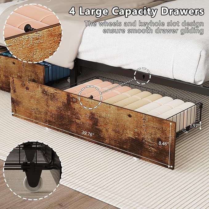 VINGLI King Bed Frame with 4 Storage Drawers and Adjustable Headboard Shelf, Metal Platform Captain Bed with Charging Station and RGB LED Lights, No Box Spring Needed, Noise Free, Wash Vintage Brown
