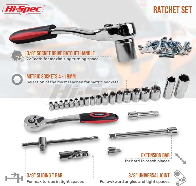 Hi-Spec 67Pc Metric Auto Mechanic Tool Set, Motorcycle & Car Tool Kit, Auto Repair with Pliers, Screwdriver Set, Socket Kit & Tool Box Storage Case for Cars, Trucks, Boats RVs & Jeeps