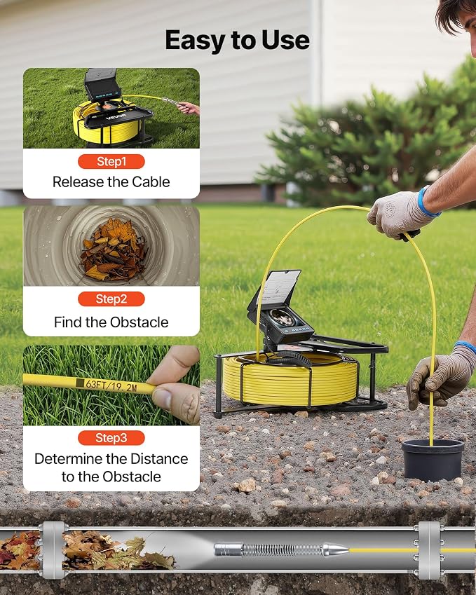 VEVOR Sewer Camera, 66 ft/20m, 4.3" Drain Inspection Camera, IP68 Waterproof Snake Plumbing Camera with Lights - 6 Adjustable LEDs, 4500mAh Battery & 16GB Card for Sewer Line Duct Pipes