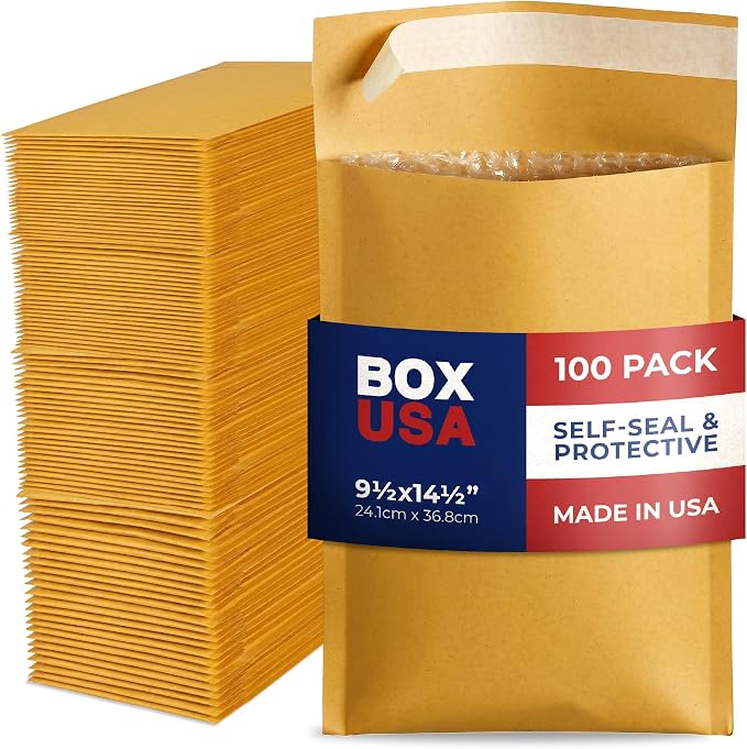 BOX USA 9 1/2 x 14 1/2" Kraft Bubble Mailers (100-Pack) - Brown Padded Envelopes, Self-Seal Shipping Bags for Business, Heavy Duty Cushioned Mailing Envelopes for Packaging and Shipping