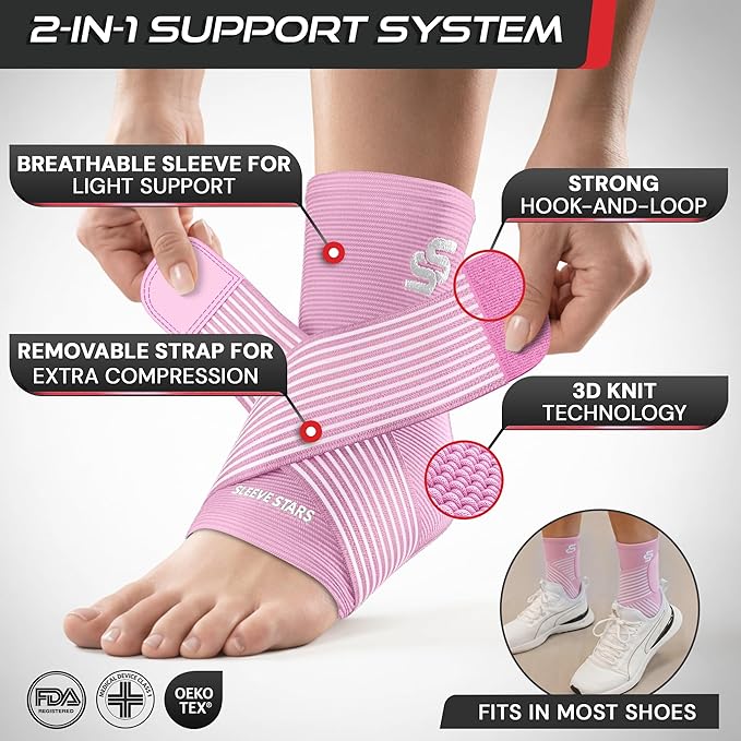 Sleeve Stars Ankle Brace for Women & Men, Ankle Wrap for Sprain, Compression Sleeve for Plantar Fasciitis Relief, Easy Customizable Support: w/ Removable Strap (Pair/M:10"-12"/Baby Pink)