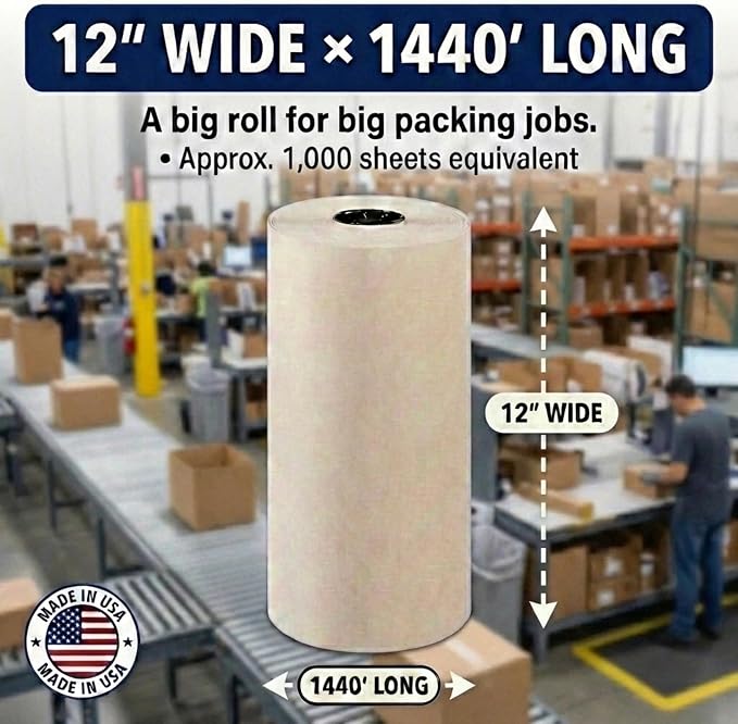 Box USA Packing Paper Roll 12 x 1400ft (1,000 Sheets 17 Equivalent) - Newsprint Paper for Shipping, Storage and Moving Supplies, White