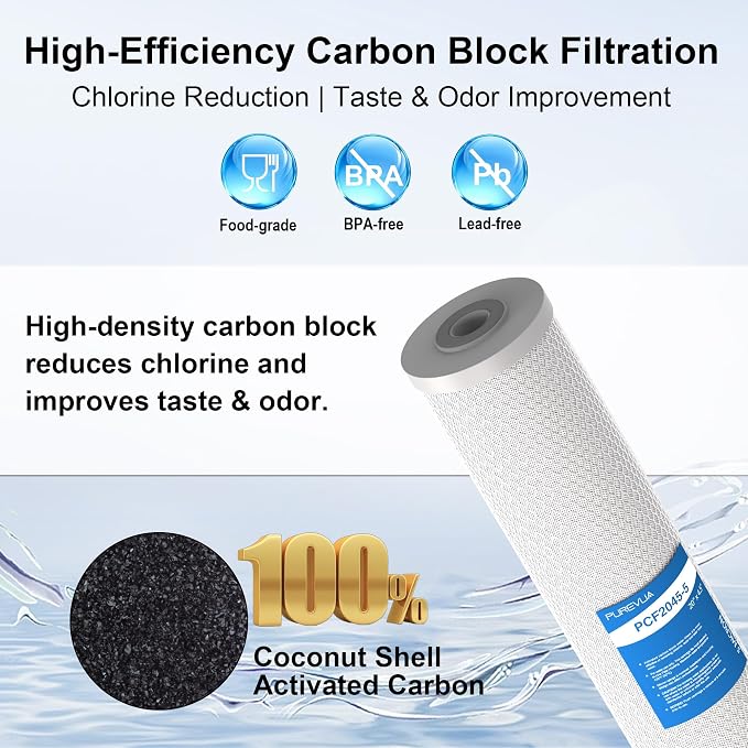 5 Micron 20" x 4.5" Whole House CTO Coconut Shell Activated Carbon Water Filter Replacement Cartridge, Compatible with WCBCFF20, CB-45-2005, CB-BB-20, FC25B, CTO20BB, 2-Pack