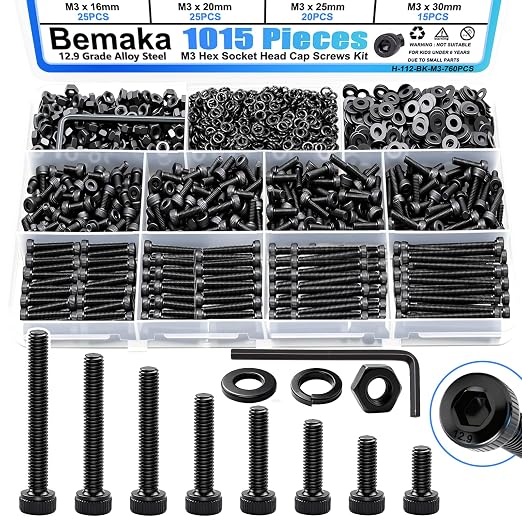 1015PCS M3 Screws Kit, M3x6/8/10/12/16/20/25/30mm Hex Socket Head Cap Screws Bolts Nuts Washers Kit, 12.9 Grade Alloy Steel Metric Machine Screw for 3D Printing