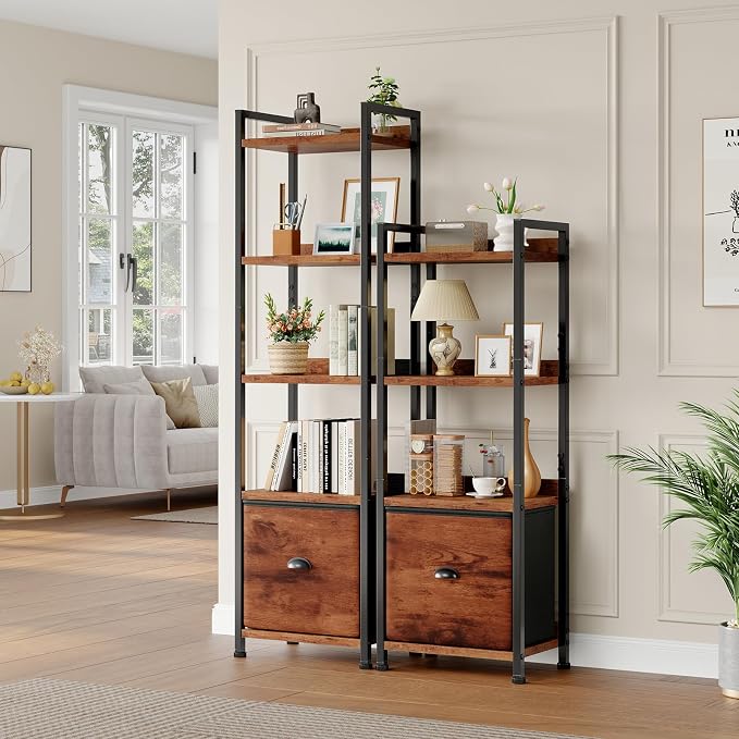 DUMOS 5 Tier Bookshelf with Fabric Drawer, Tall Industrial Bookcase, Narrow Display Standing Shelf, Wood and Metal Storage Shelf Organizer in Bedroom, Living Room, Brown