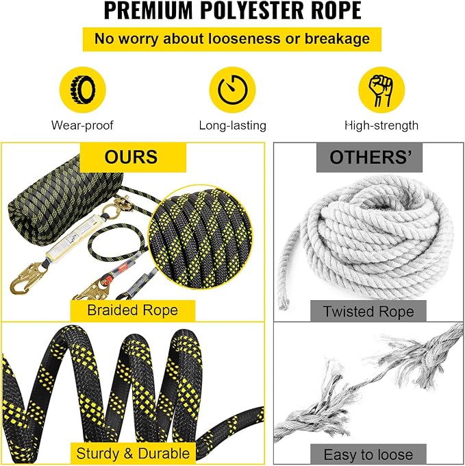 VEVOR Vertical Lifeline Assembly, 0.55'' x 100' Fall Protection Rope with 30 KN Breaking Tension, Polyester Roofing Rope with Steel Snap Hooks, Rope Grab, and Shock Absorber, ANSI Compliant