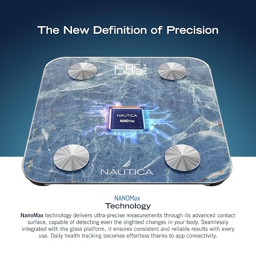 Nautica Body Tracker Digital Bathroom Scale, Bluetooth-Enabled Smart Scale with BMI, Body Fat, Muscle Mass Tracking & More, Syncs with Smartphone App for Body Composition Tracking, 396 Lbs.